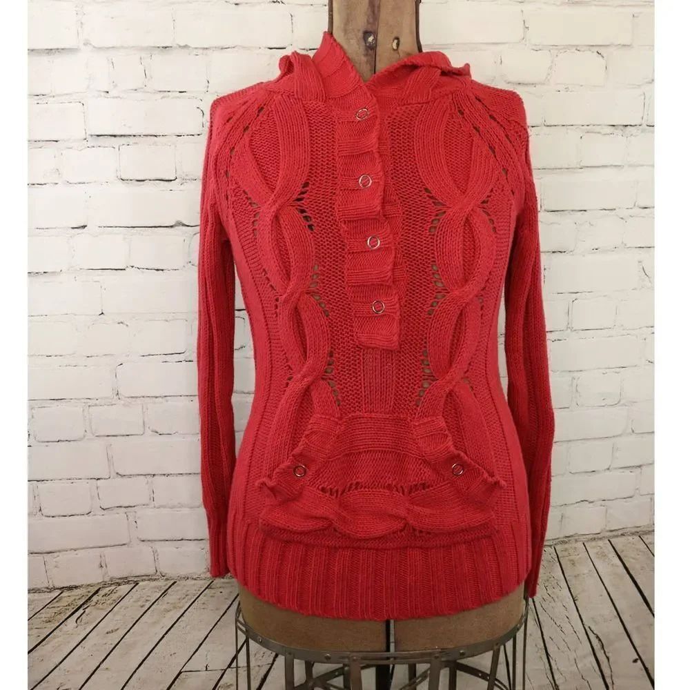 3/30 Vintage Vanity Cable Knit Pullover Sweater w/ Hood Red